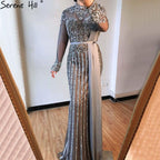 Serene Hill  Luxury Muslim Gray Luxury Long Elegant with Detachable Train Mermaid Evening Gowns Dresses  For Woman LA70199