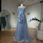 Luxuriöses Dubai Meerjungfrauen-Abendkleid mit Rock Hellblau Perlenbesetztes Spaghettiträger für formelle Anlässe LA72341A