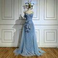 Luxuriöses Dubai Meerjungfrauen-Abendkleid mit Rock Hellblau Perlenbesetztes Spaghettiträger für formelle Anlässe LA72341A