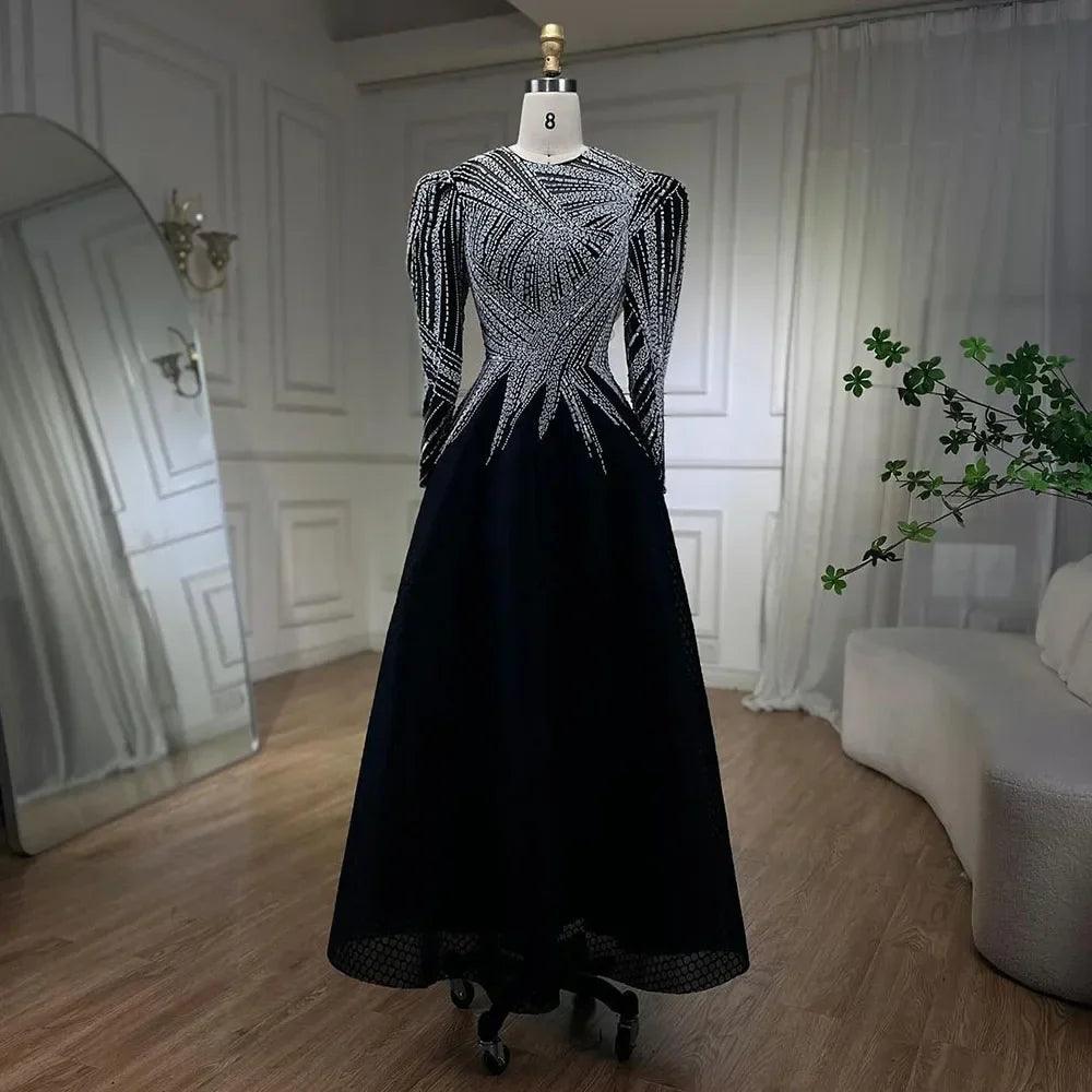 Serene Hill Muslim Black A-Line Midi Luxury Beaded Ankle Length Evening Dresses Gowns 2024 For Women Party LA71290