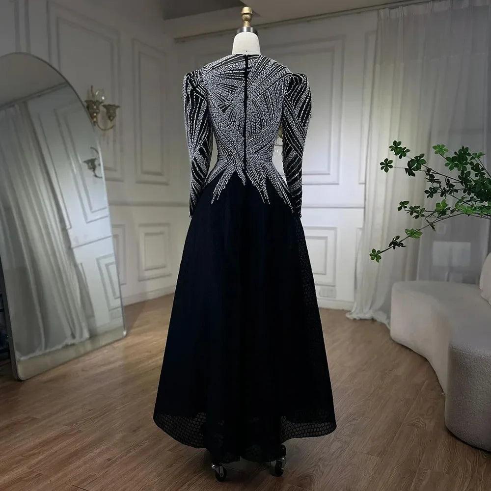 Serene Hill Muslim Black A-Line Midi Luxury Beaded Ankle Length Evening Dresses Gowns 2024 For Women Party LA71290