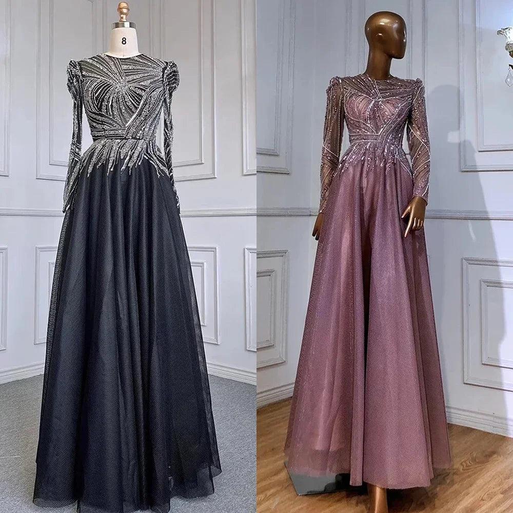 Serene Hill Muslim Black A-Line Midi Luxury Beaded Ankle Length Evening Dresses Gowns 2024 For Women Party LA71290