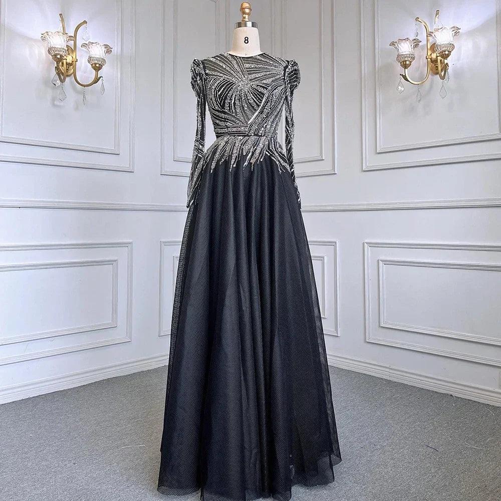Serene Hill Muslim Black A-Line Midi Luxury Beaded Ankle Length Evening Dresses Gowns 2024 For Women Party LA71290