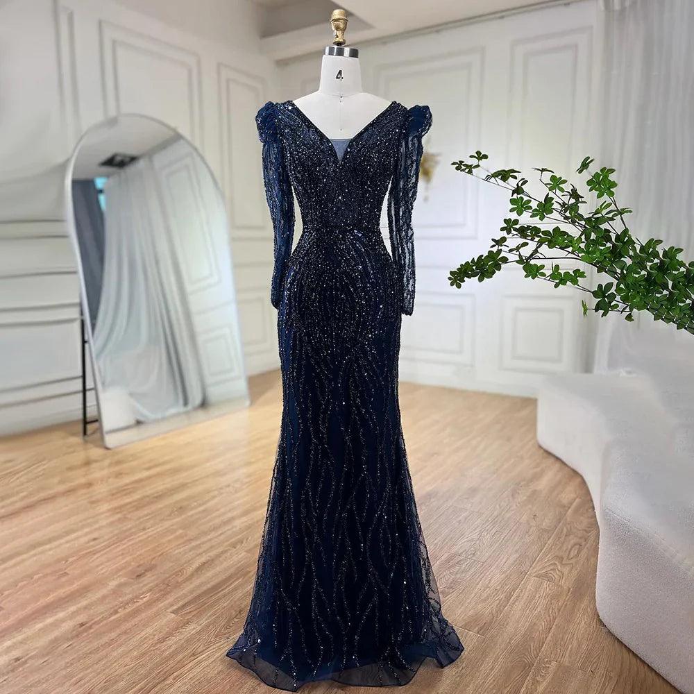 Serene Hill Muslim Blue Elegant Mermaid Beaded Arabic Luxury Evening Dress for Womenes Gowns Wedding Party 2024 LA71931
