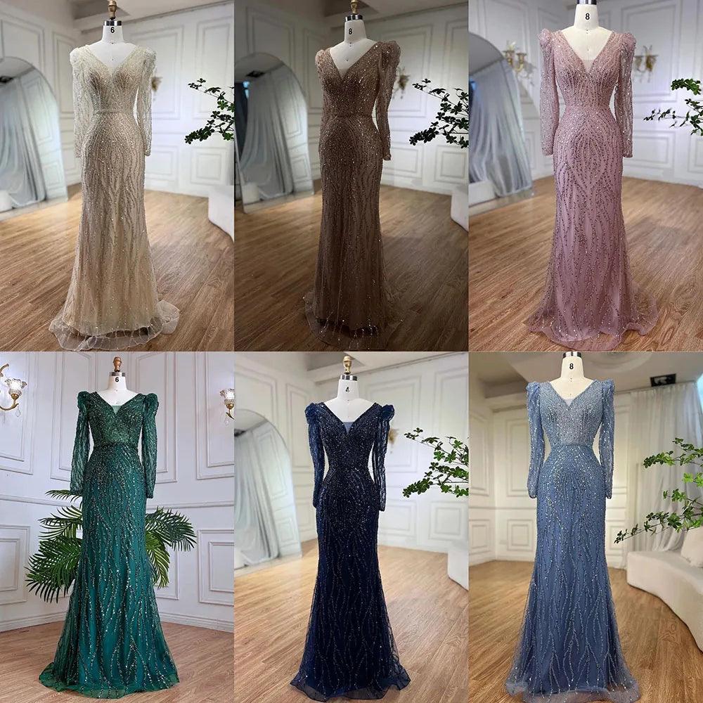 Serene Hill Muslim Blue Elegant Mermaid Beaded Arabic Luxury Evening Dress for Womenes Gowns Wedding Party 2024 LA71931