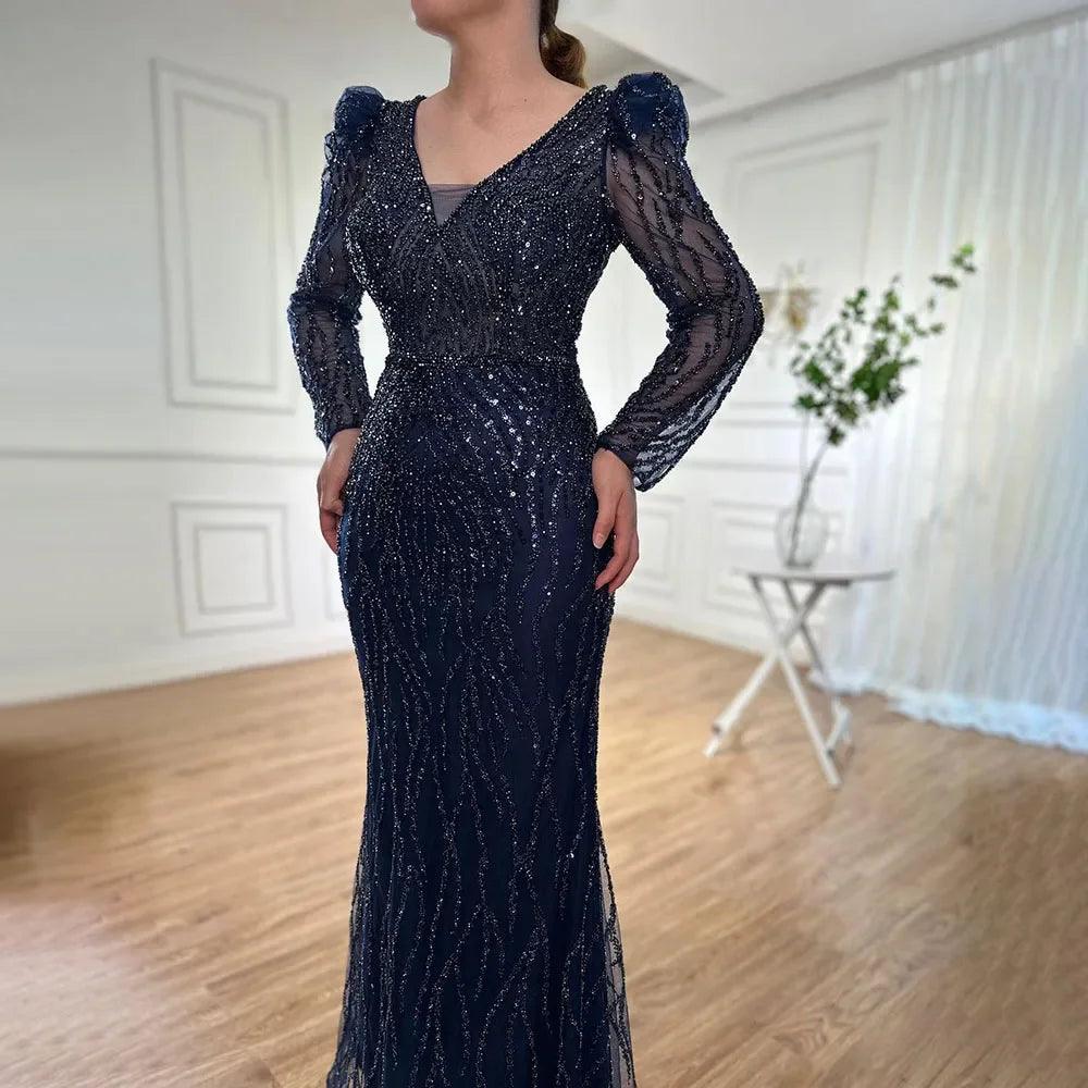 Serene Hill Muslim Blue Elegant Mermaid Beaded Arabic Luxury Evening Dress for Womenes Gowns Wedding Party 2024 LA71931