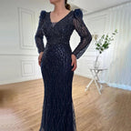 Serene Hill Muslim Blue Elegant Mermaid Beaded Arabic Luxury Evening Dress for Womenes Gowns Wedding Party 2024 LA71931