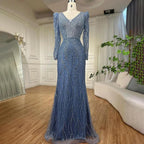 Serene Hill Muslim Blue Elegant Mermaid Beaded Arabic Luxury Evening Dress for Womenes Gowns Wedding Party 2024 LA71931