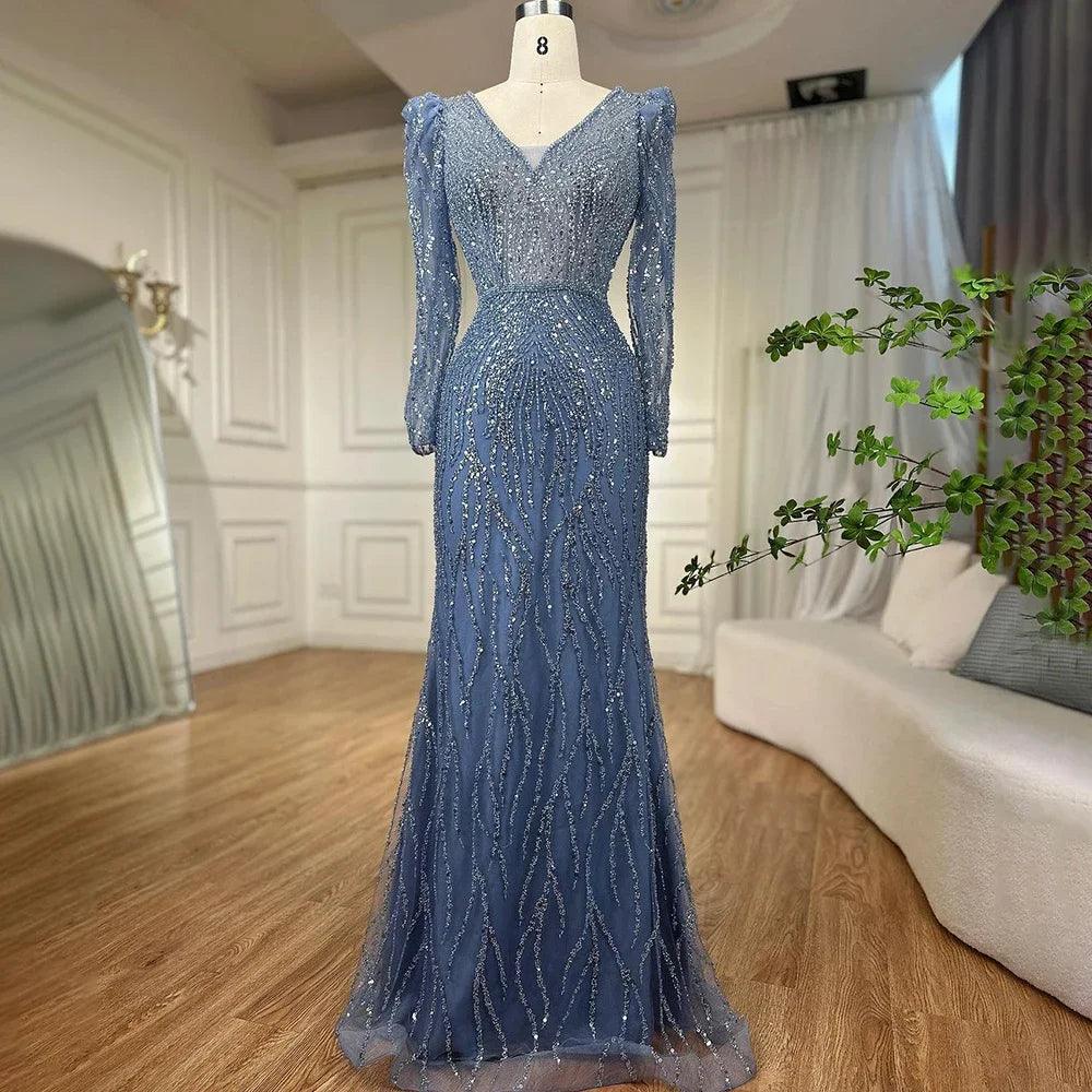 Serene Hill Muslim Blue Elegant Mermaid Beaded Arabic Luxury Evening Dress for Womenes Gowns Wedding Party 2024 LA71931