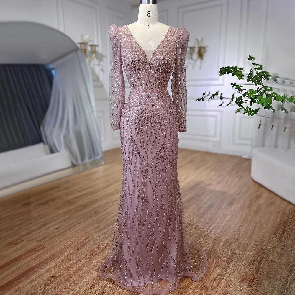 Serene Hill Muslim Blue Elegant Mermaid Beaded Arabic Luxury Evening Dress for Womenes Gowns Wedding Party 2024 LA71931