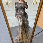 Serene Hill Muslim Brown Luxury Evening Dresses Gowns Beaded Mermaid Overskirt Elegant For Women Party LA71610