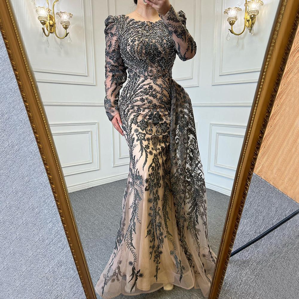 Serene Hill Muslim Brown Luxury Evening Dresses Gowns Beaded Mermaid Overskirt Elegant For Women Party LA71610