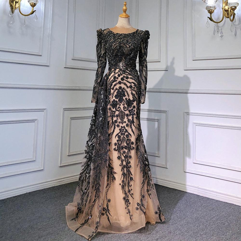 Serene Hill Muslim Brown Luxury Evening Dresses Gowns Beaded Mermaid Overskirt Elegant For Women Party LA71610