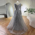 Serene Hill Muslim Gray A Line Evening Luxury Dubai Dresses Gowns Beaded 2024 For Woman Wedding Party LA71596A