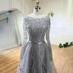 Serene Hill Muslim Gray A Line Evening Luxury Dubai Dresses Gowns Beaded 2024 For Woman Wedding Party LA71596A
