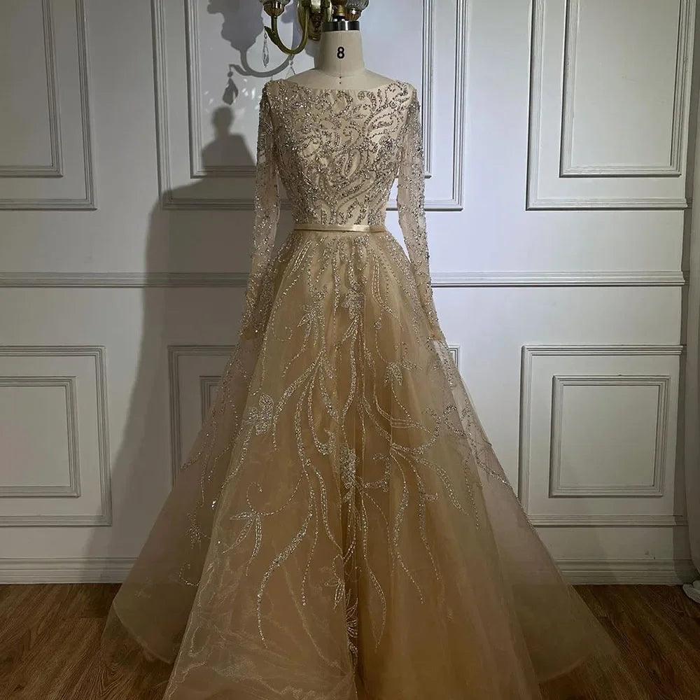 Serene Hill Muslim Gray A Line Evening Luxury Dubai Dresses Gowns Beaded 2024 For Woman Wedding Party LA71596A