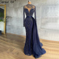 Serene Hill Muslim Navy Blue Luxury Evening Dresses Gowns Beaded Mermaid Elegant For Women Party LA71359