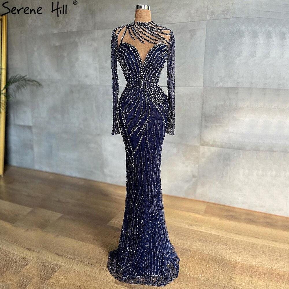 Serene Hill Muslim Navy Blue Luxury Evening Dresses Gowns Beaded Mermaid Elegant For Women Party LA71359