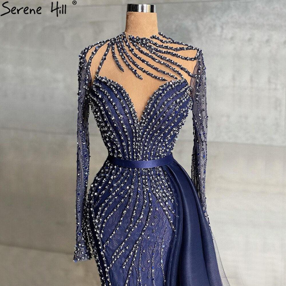 Serene Hill Muslim Navy Blue Luxury Evening Dresses Gowns Beaded Mermaid Elegant For Women Party LA71359