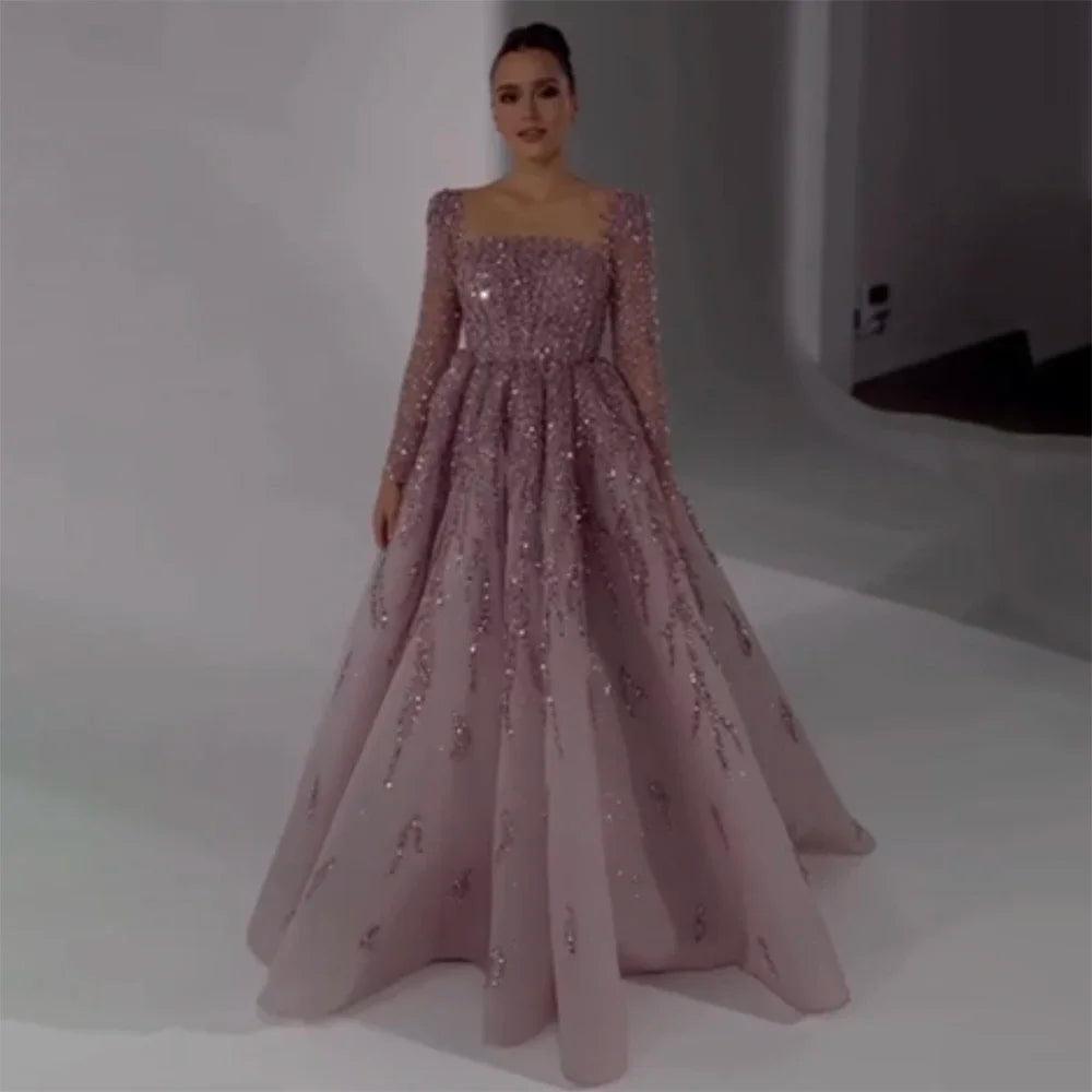 Serene Hill Muslim Pink A Line Beaded Luxury Dubai Long Evening Dresses Gowns   For Woman Wedding Party