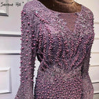 On Sale No Return No Refund Serene Hill Muslim Pink Mermaid Luxury Lace Beaded Pearls Long Sleeves Evening Dress Formal Party Gown 2024 Plus Size LA60813