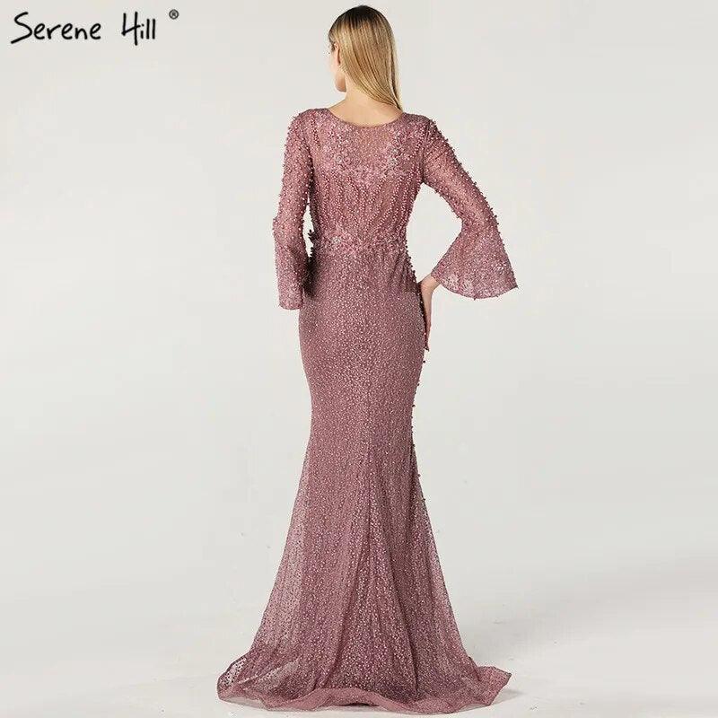 On Sale No Return No Refund Serene Hill Muslim Pink Mermaid Luxury Lace Beaded Pearls Long Sleeves Evening Dress Formal Party Gown 2024 Plus Size LA60813