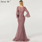 On Sale No Return No Refund Serene Hill Muslim Pink Mermaid Luxury Lace Beaded Pearls Long Sleeves Evening Dress Formal Party Gown 2024 Plus Size LA60813