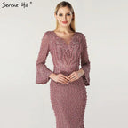 On Sale No Return No Refund Serene Hill Muslim Pink Mermaid Luxury Lace Beaded Pearls Long Sleeves Evening Dress Formal Party Gown 2024 Plus Size LA60813
