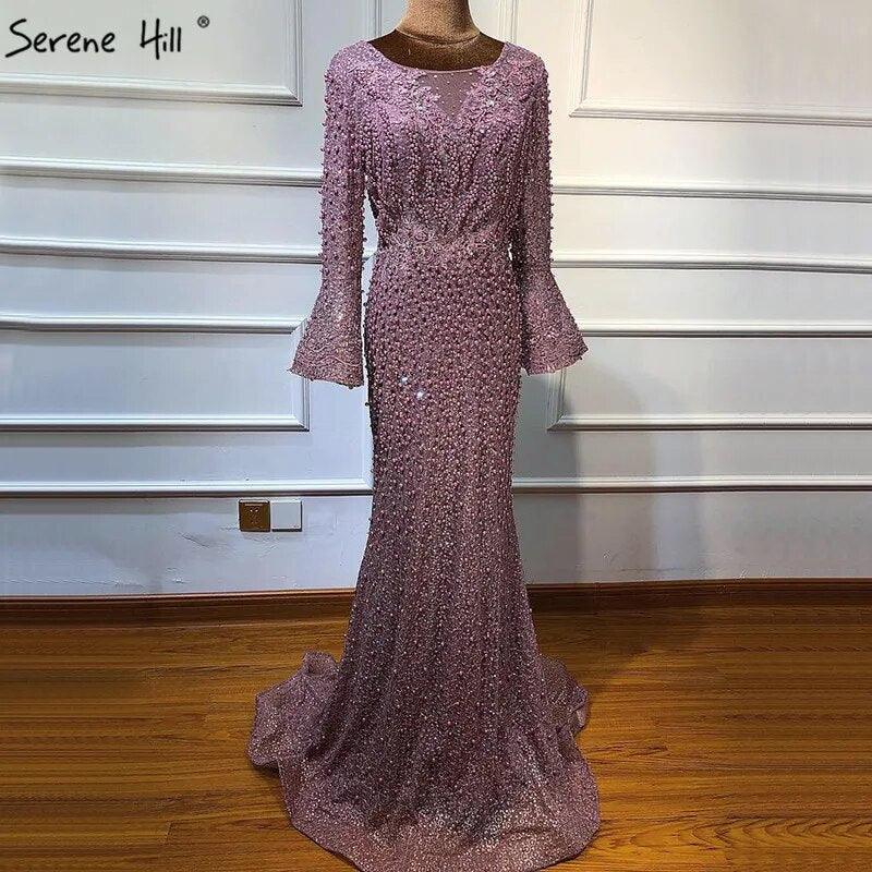 On Sale No Return No Refund Serene Hill Muslim Pink Mermaid Luxury Lace Beaded Pearls Long Sleeves Evening Dress Formal Party Gown 2024 Plus Size LA60813