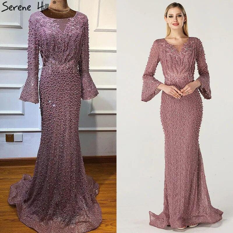 On Sale No Return No Refund Serene Hill Muslim Pink Mermaid Luxury Lace Beaded Pearls Long Sleeves Evening Dress Formal Party Gown 2024 Plus Size LA60813