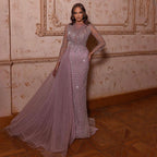 Serene Hill Pink Mermaid With Skirt Long Evening Dresses Gowns O-Neck Elegant Beaded Luxury For Women Party LA71673