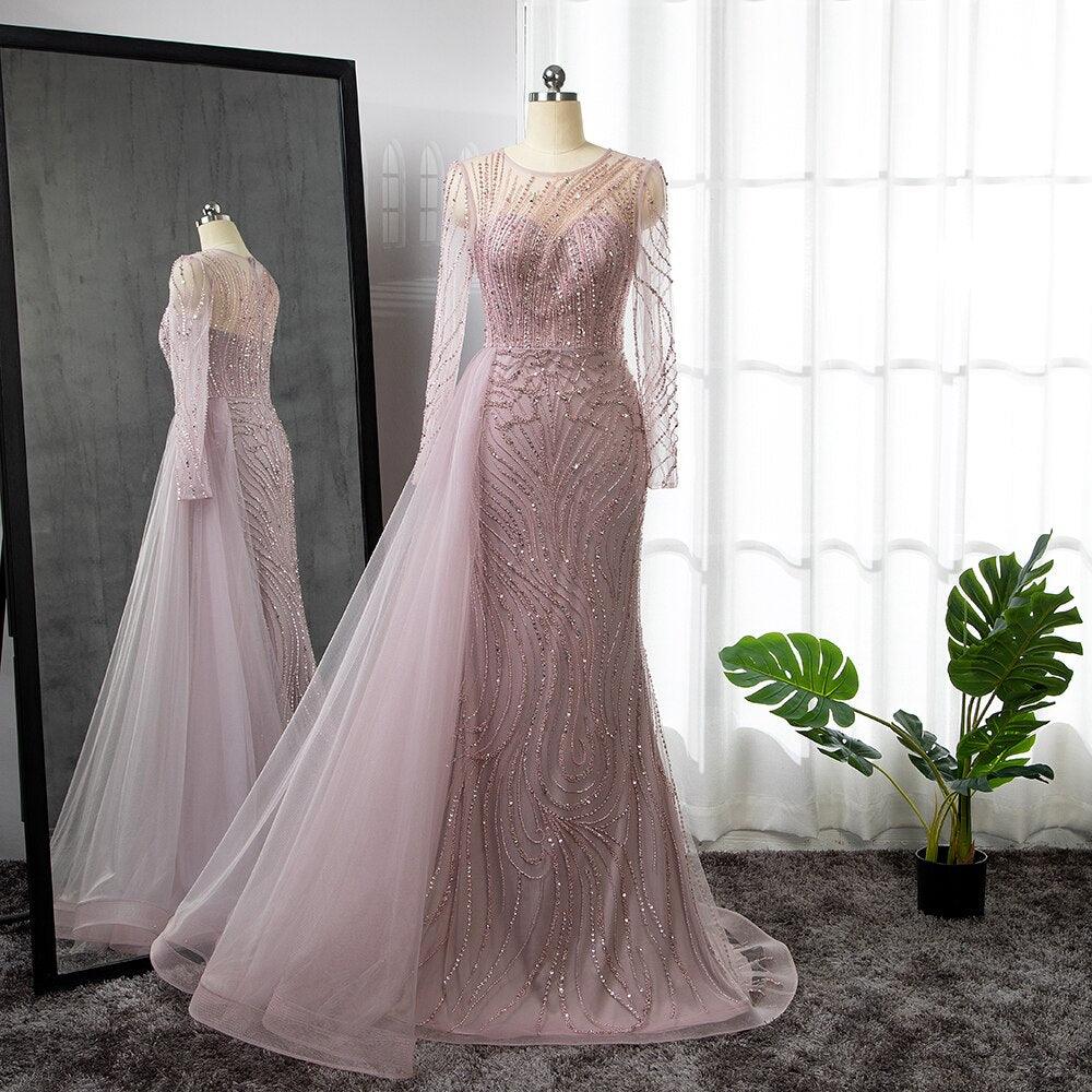 Serene Hill Pink Mermaid With Skirt Long Evening Dresses Gowns O-Neck Elegant Beaded Luxury For Women Party LA71673