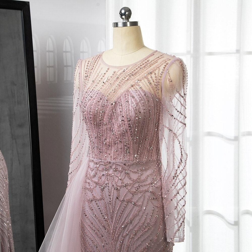 Serene Hill Pink Mermaid With Skirt Long Evening Dresses Gowns O-Neck Elegant Beaded Luxury For Women Party LA71673