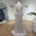 Serene Hill Muslim White Nude Elegant Mermaid Luxury Dubai Evening Dresses Gowns Pearls Beaded For Women Wedding Party LA72266A