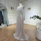 Serene Hill Muslim White Nude Elegant Mermaid Luxury Dubai Evening Dresses Gowns Pearls Beaded For Women Wedding Party LA72266A