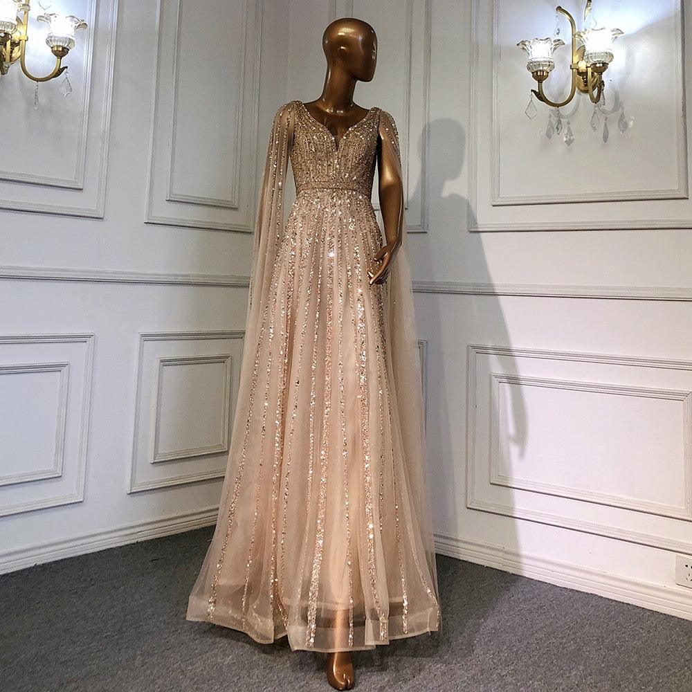 Serene Hill Nude Arabic Luxury Cape Sleeves Evening Dresses Gowns A-Line Beaded Sexy 2024 For Women Party LA71567