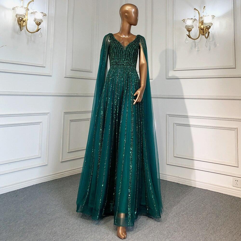 Serene Hill Nude Arabic Luxury Cape Sleeves Evening Dresses Gowns A-Line Beaded Sexy 2024 For Women Party LA71567