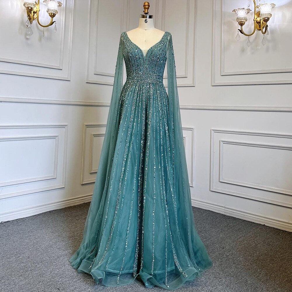Serene Hill Nude Arabic Luxury Cape Sleeves Evening Dresses Gowns A-Line Beaded Sexy 2024 For Women Party LA71567