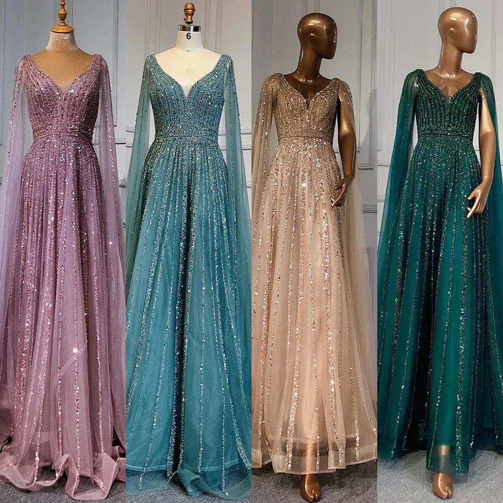 Serene Hill Nude Arabic Luxury Cape Sleeves Evening Dresses Gowns A-Line Beaded Sexy 2024 For Women Party LA71567