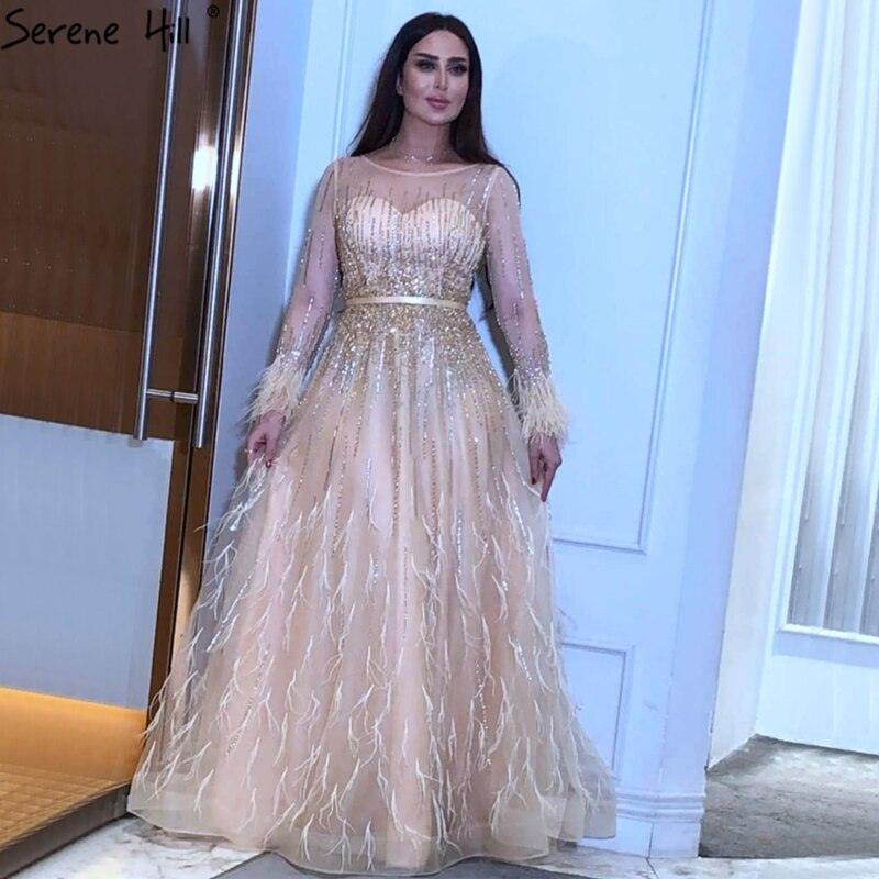 Serene Hill Pink  A-Line Dubai Design Feathers Long Sleeves Luxury Beaded Evening Dresses Gowns For Women Party 2023 LA60836