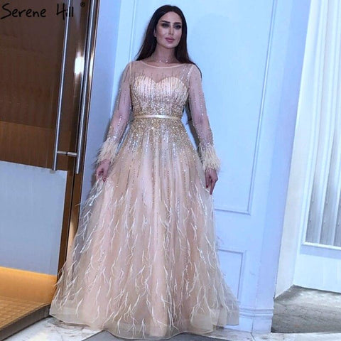 Serene Hill Pink  A-Line Dubai Design Feathers Long Sleeves Luxury Beaded Evening Dresses Gowns For Women Party 2023 LA60836