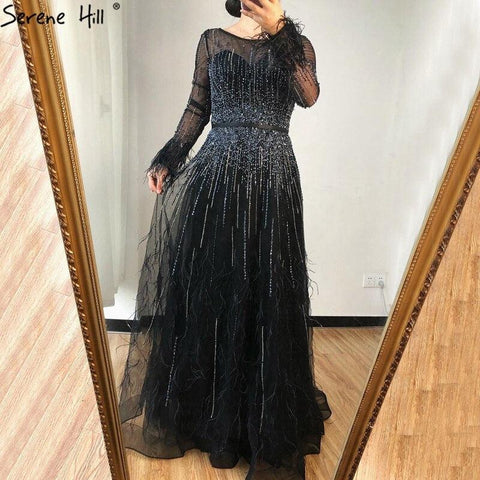 Serene Hill Pink  A-Line Dubai Design Feathers Long Sleeves Luxury Beaded Evening Dresses Gowns For Women Party 2023 LA60836