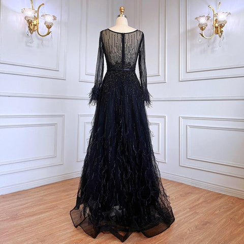 Serene Hill Pink  A-Line Dubai Design Feathers Long Sleeves Luxury Beaded Evening Dresses Gowns For Women Party 2023 LA60836