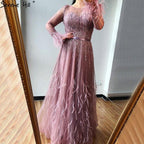 Serene Hill Pink  A-Line Dubai Design Feathers Long Sleeves Luxury Beaded Evening Dresses Gowns For Women Party 2023 LA60836