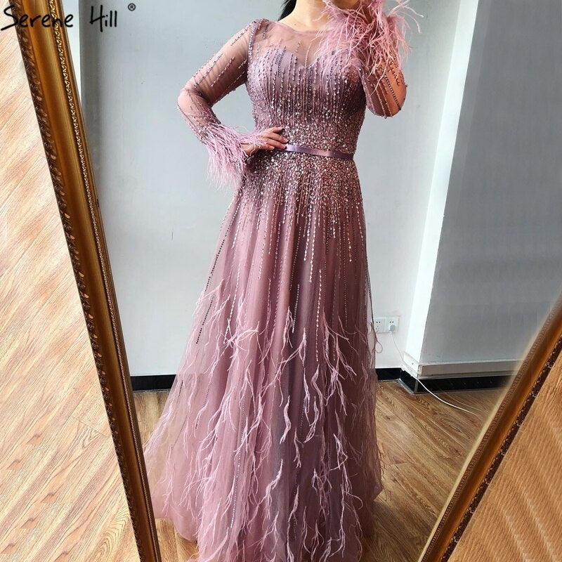 Serene Hill Pink  A-Line Dubai Design Feathers Long Sleeves Luxury Beaded Evening Dresses Gowns For Women Party 2023 LA60836