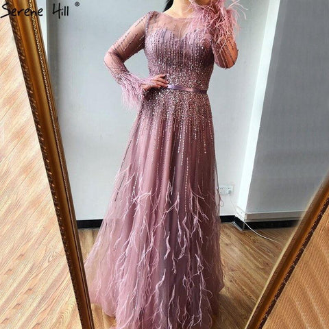 Serene Hill Pink  A-Line Dubai Design Feathers Long Sleeves Luxury Beaded Evening Dresses Gowns For Women Party 2023 LA60836