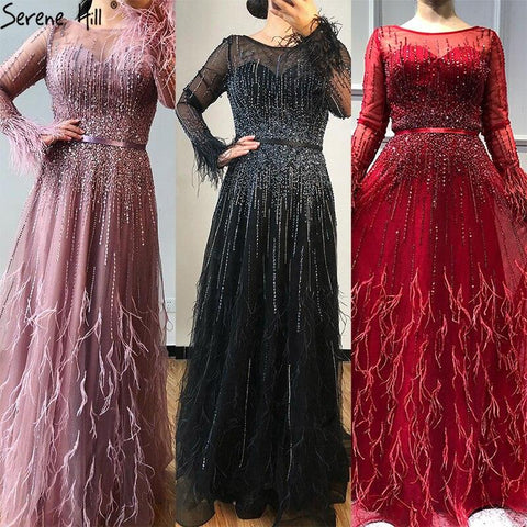 Serene Hill Pink  A-Line Dubai Design Feathers Long Sleeves Luxury Beaded Evening Dresses Gowns For Women Party 2023 LA60836
