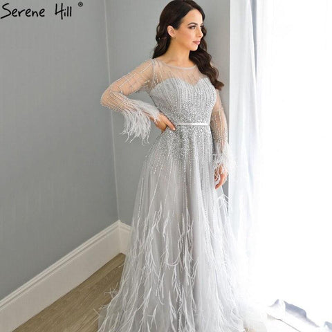 Serene Hill Pink  A-Line Dubai Design Feathers Long Sleeves Luxury Beaded Evening Dresses Gowns For Women Party 2023 LA60836