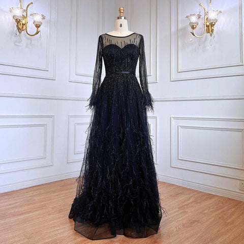 Serene Hill Pink  A-Line Dubai Design Feathers Long Sleeves Luxury Beaded Evening Dresses Gowns For Women Party 2023 LA60836