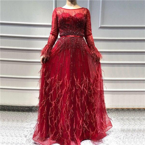 Serene Hill Pink  A-Line Dubai Design Feathers Long Sleeves Luxury Beaded Evening Dresses Gowns For Women Party 2023 LA60836